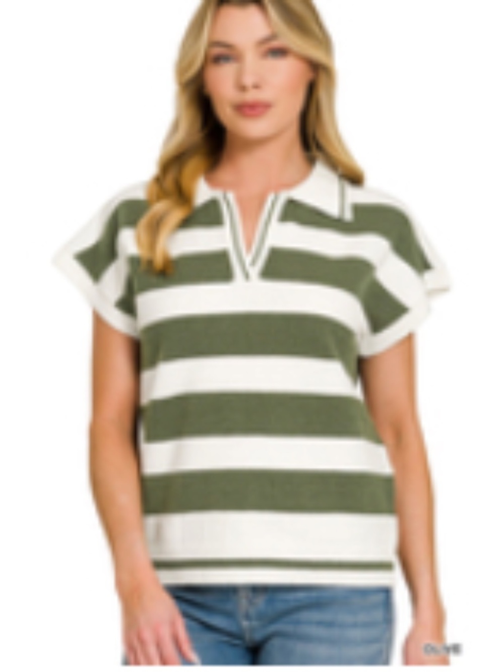 #1344 Zenana Striped Collared Short Sleeve Sweater